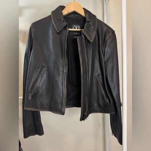 Zara Women's Classic Black/olive/brown Real Leather Jacket